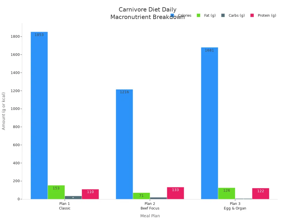 Bar chart comparing calories, fat, carbs, and protein for three carnivore diet meal plans